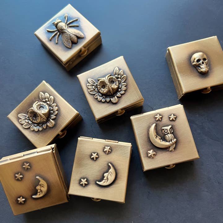 Customizable Decorative 1.25" Square Brass Pill Box with Your Choice of Skull, Insect, Animal, or Celestial Theme! for wholesale by Metal Cloth & Wood