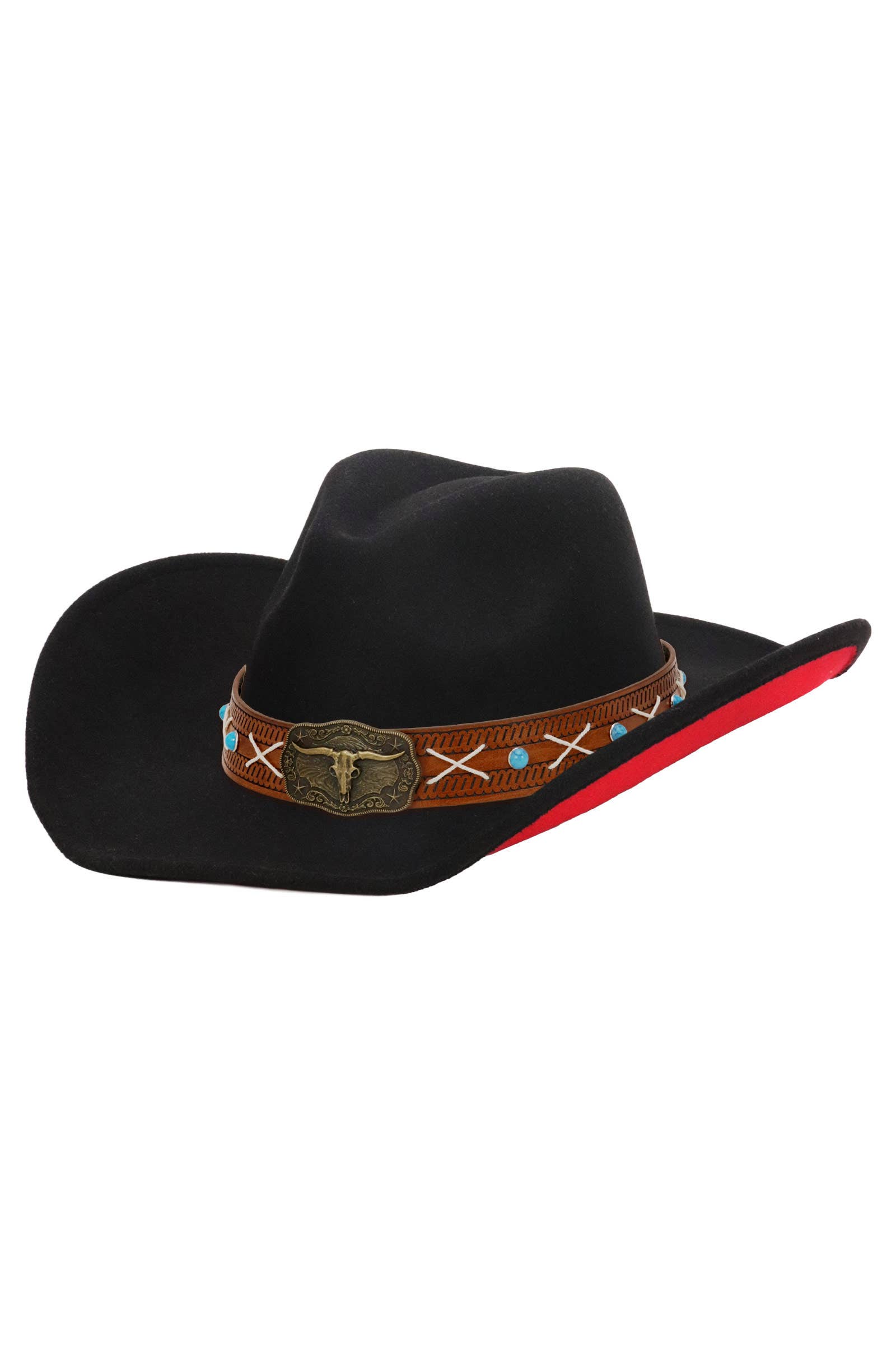 Cap Zone - Wholesale Cowboy Hat - Unisex - Longhorn Stitch Belt Two Tone Felt Cowboy Hat1