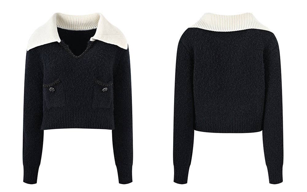Color as pictures JK179 Navy Wool V-Neck Knit Top with Contrast Collar for wholesale on Faire2