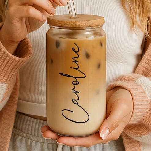 Personalized Sipper Glass, Iced Coffee Cup, Custom Glass with Bamboo Lid and Straw, Bridesmaid Gift, 16oz, Proposal, Wedding, Smoothies Tea Juice Tumblers, Promotional Items for wholesale by MonkeyFeetGraphics
