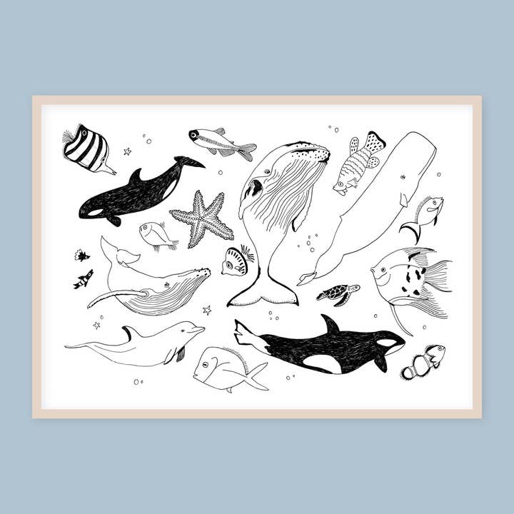 Stampa artistica con balene e pesci per la vendita all'ingrosso da parte di Sarah von Rickenbach