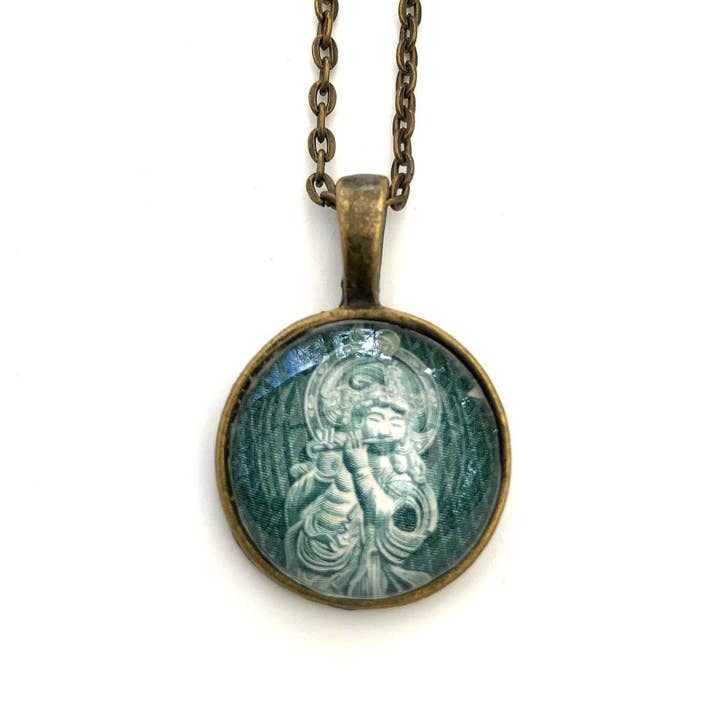 1966 Japanese Onjo Bosatsu Stamp - Postage Stamp Jewelry - Vintage Postage Stamp Necklace - Antique Bronze for wholesale by Postage Stamp Jewelry