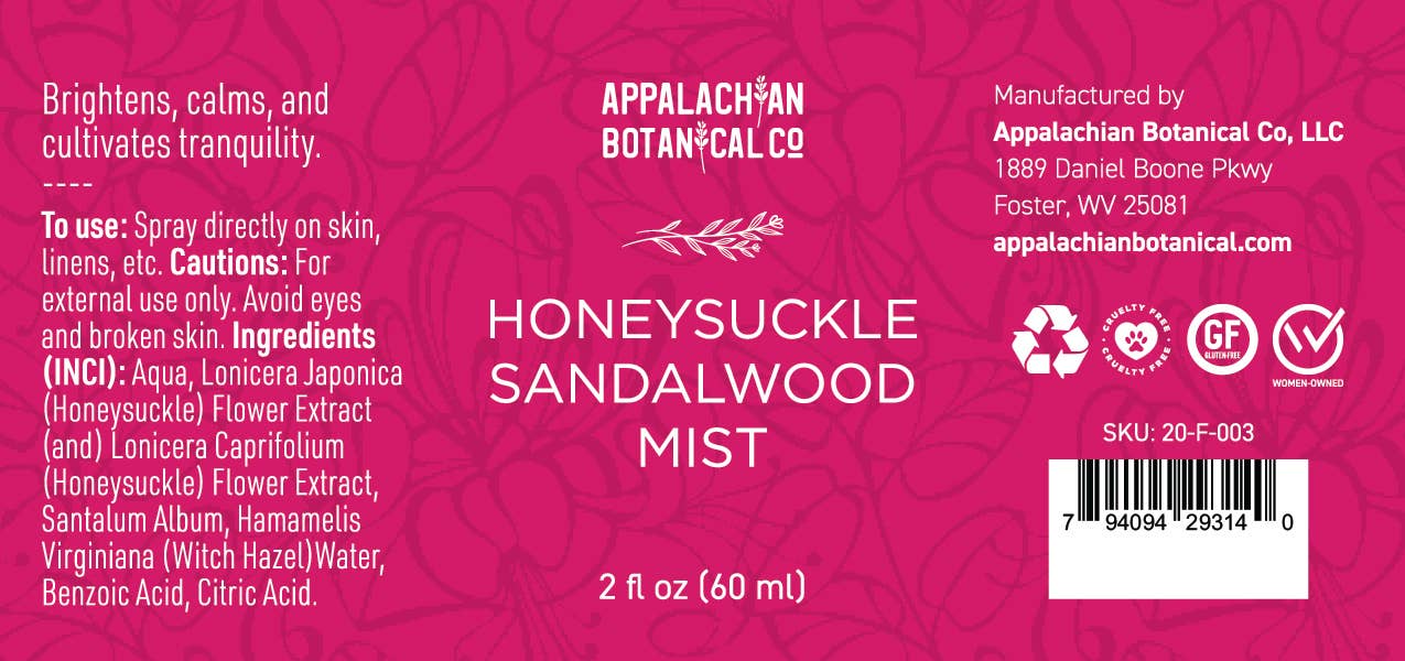 Appalachian Botanical Co. - Wholesale Face & Body Mist/Water - Honeysuckle Sandalwood Mist - Bestseller!1