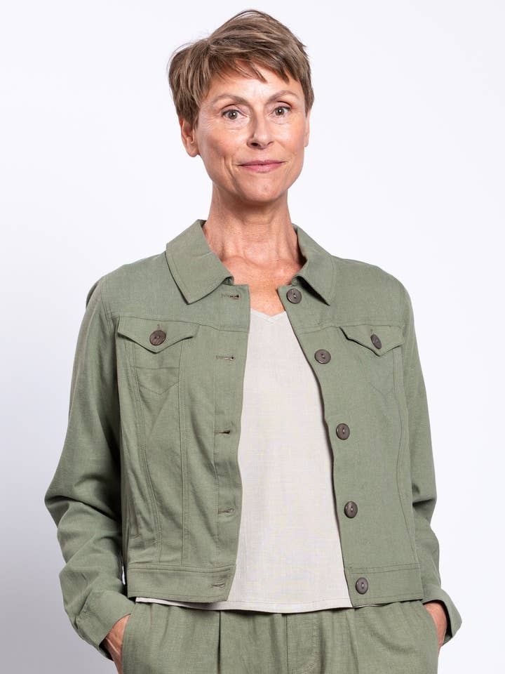 Colleen Jacket, Khaki, Linen for wholesale by Blue Sky Clothing Co LLC