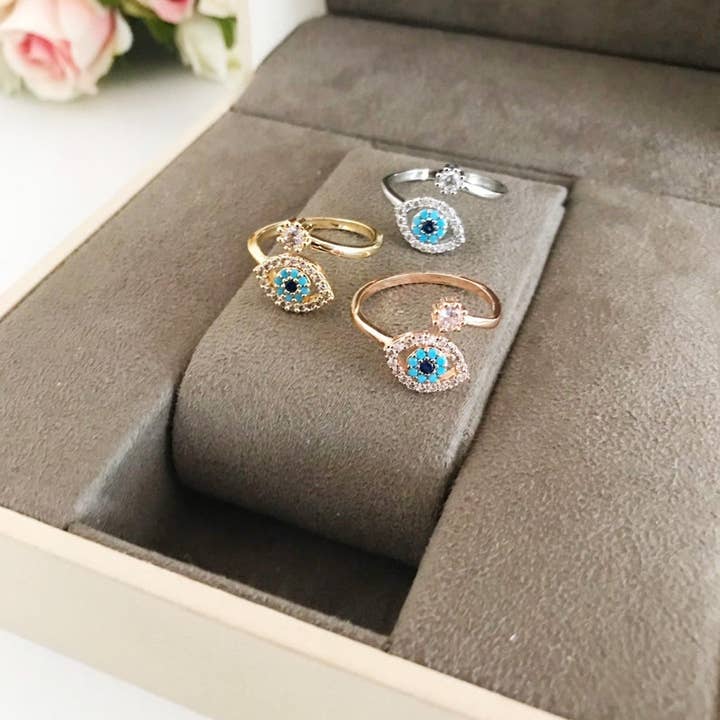 Evileyefavor - Wholesale Cocktail/Statement Ring - Adjustable Evil Eye Ring, Zircon Evil Eye Ring, Rose Gold Silver Ring3