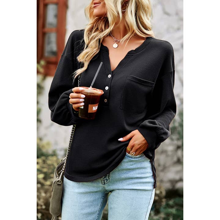 Supreme Fashion - Wholesale Blouse - Women's - Solid V-Neck Loose Fit Long Sleeve Top