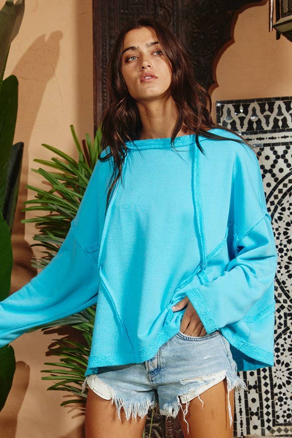 BUCKETLIST INC - Wholesale Sweatshirt - Women's - T1153-1 Oversized Solid Raw Edge Detail Long Sleeves Top0