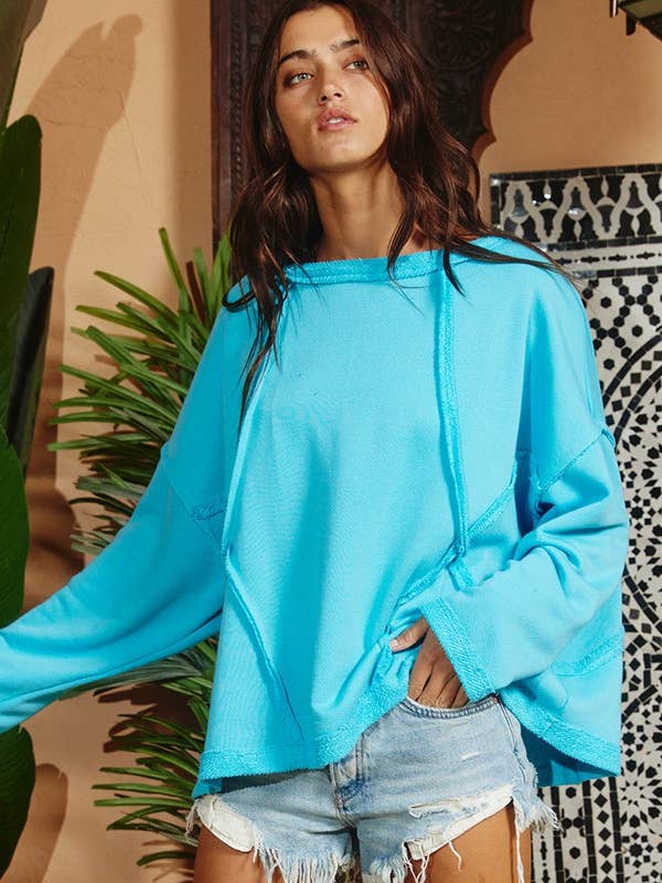 BUCKETLIST INC - Wholesale Sweatshirt - Women's - T1153-1 Oversized Solid Raw Edge Detail Long Sleeves Top