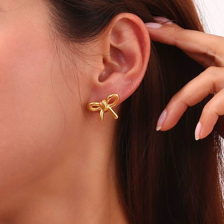 Gold Bow Ribbon Stud Earrings for wholesale by Ivy Gold Co.