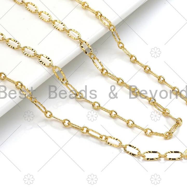 BestBeads&Beyond - Wholesale Link & Chain Necklace - 4mm Gold Flat Oval Linked Chain by Yard, Dainty Delicate Oval Link Chain, Gold Plated Brass Chain, Wholesale Chain, sku#LK124