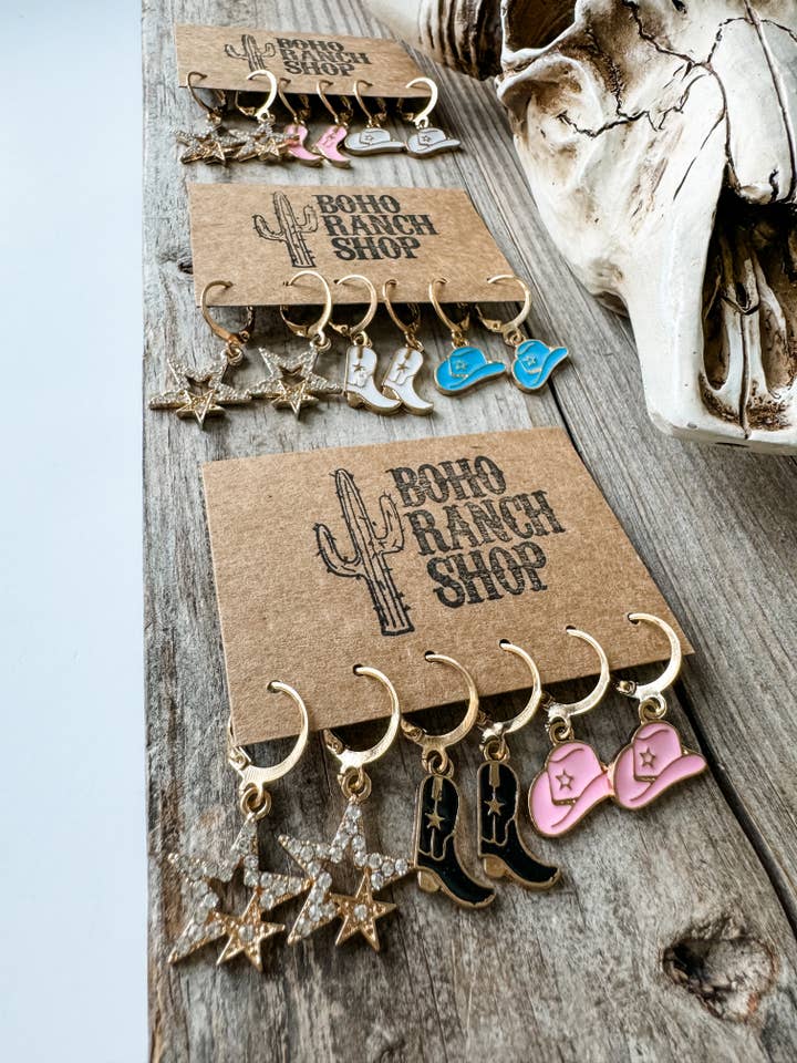 3-Pair Western Cowgirl Huggie Earrings Hoop Set for wholesale by Boho Ranch Shop