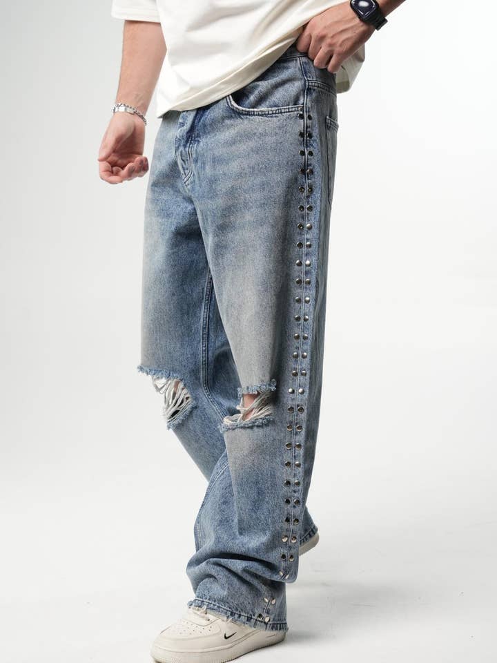 Weite gestreifte Stone-Washed-Jeans aus Denim im Used-Look für den Großhandel von PremiumDenim