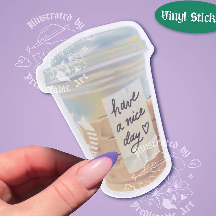 Pegatina de Taza de Café Helado | Vinilo para Portátil "Que Tengas un Buen Día" para venta al por mayor de Predictable Art