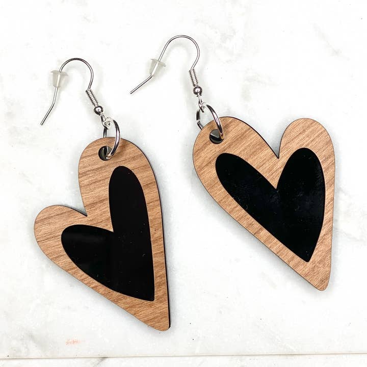 Black Heart Acrylic and Wood Dangle Earring for wholesale by Anna Bannister with ReNue