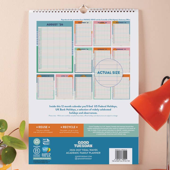 Good Tuesday - Wholesale Calendar - 2026 - 2027 A3 Family Wall Calendar | Academic Year | Tidal Waves | Sunday Start3