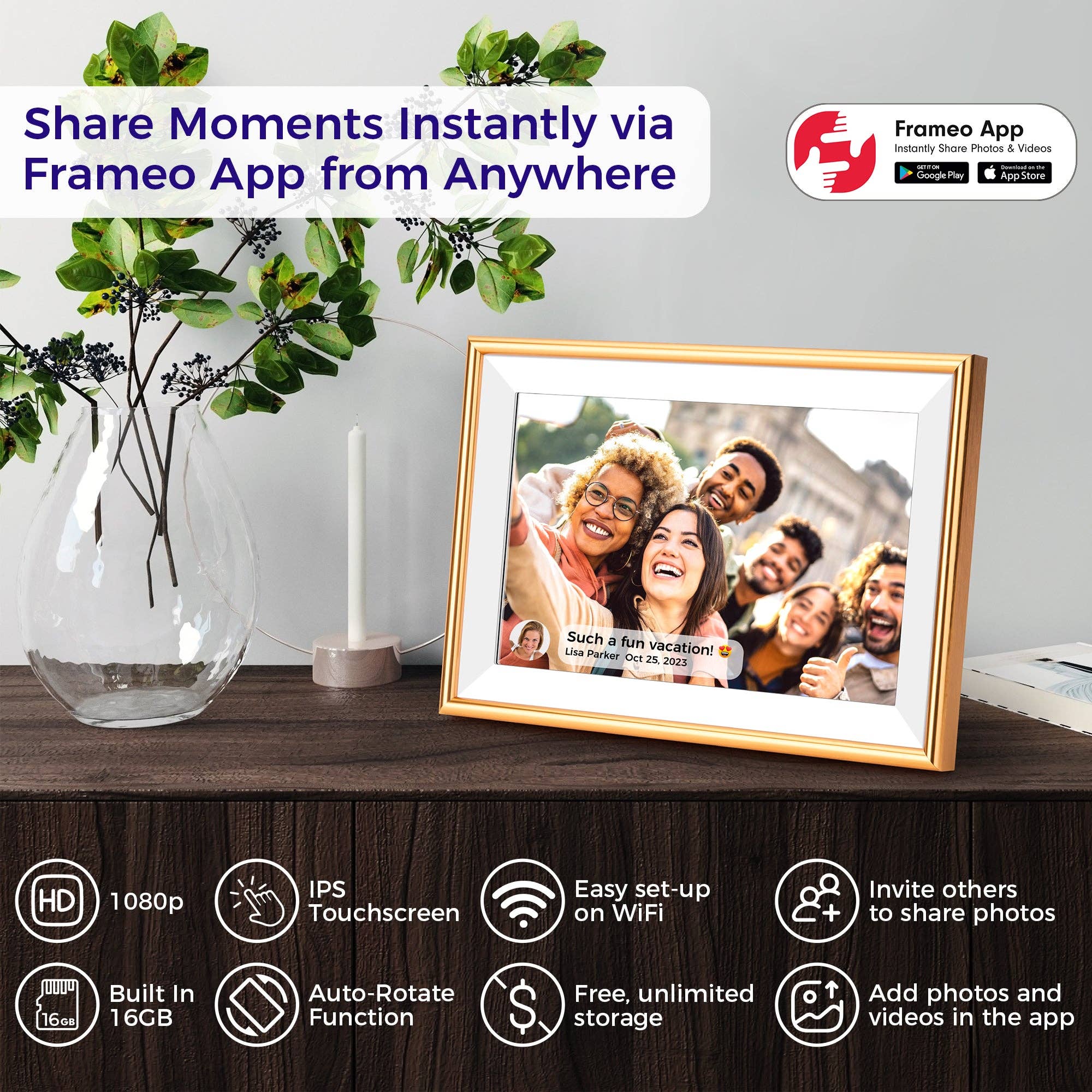 Primo Brands Group - Wholesale Picture Frame - ELIME 10.1 WiFi Frameo Digital Picture Frame (Gold)6