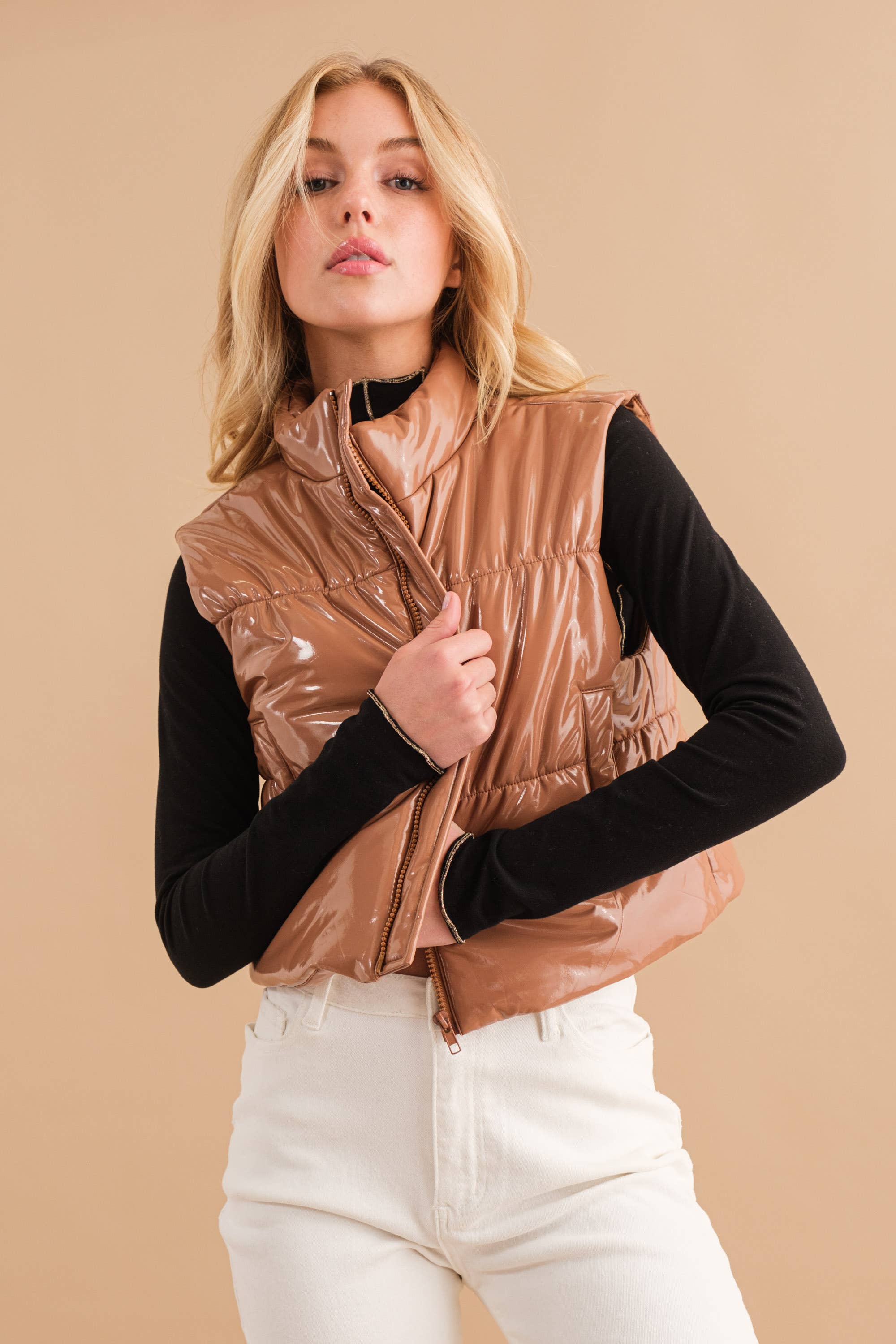 Blue B - Wholesale Outerwear Vest - Women's - 22656J - Gloss Shiny PU Quilted Puffer Zip Up Crop Vest33