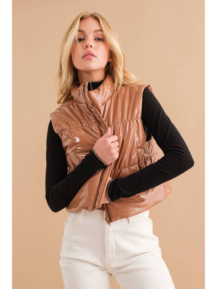 Blue B - Wholesale Outerwear Vest - Women's - 22656J - Gloss Shiny PU Quilted Puffer Zip Up Crop Vest33