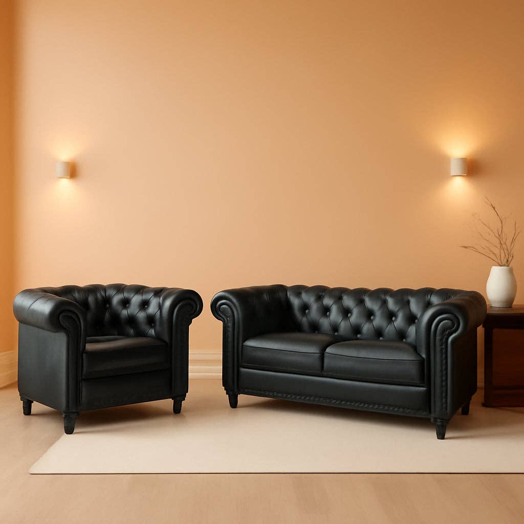 Two Piece Chesterfield Leather Living Room Set With Black Leather Loveseat And Chair for wholesale on Faire0