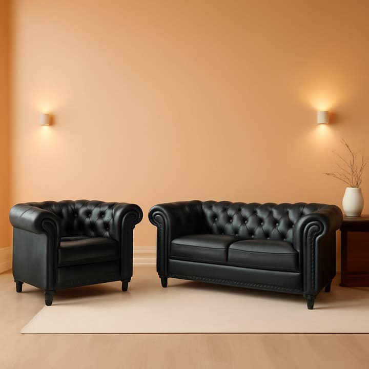 Two Piece Chesterfield Leather Living Room Set With Black Leather Loveseat And Chair for wholesale on Faire