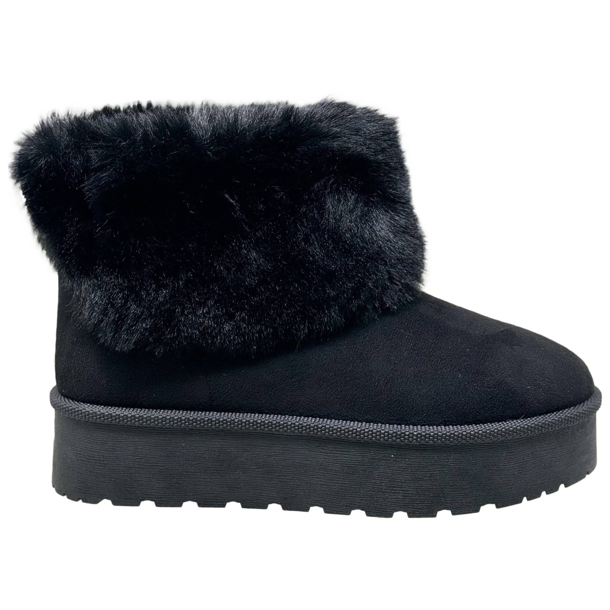 Women's Platform Booties Faux Suede Fur Lining Pull On Cuff Boots Black Suede for wholesale on Faire1