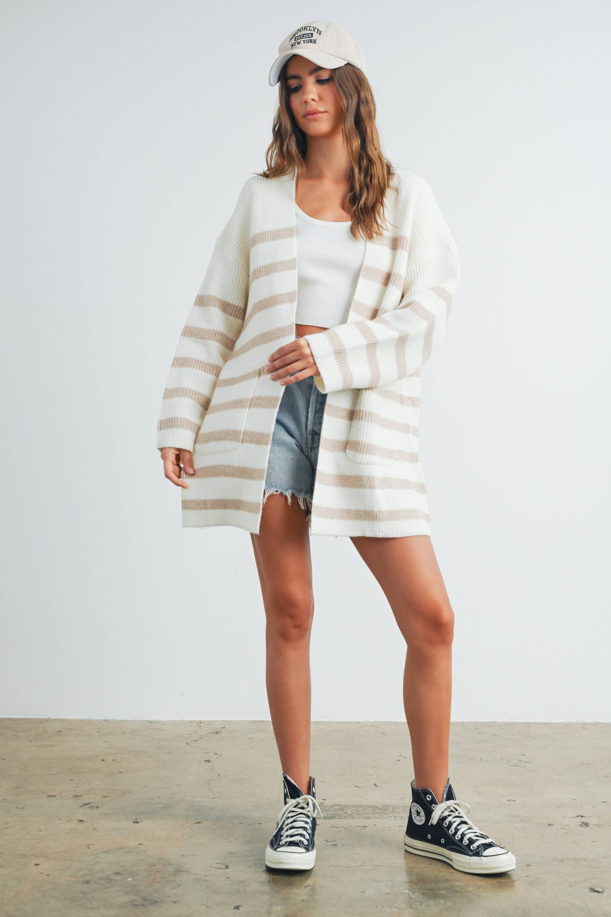 BUTTERMELON - Vente Cardigan – femme - Cardigan long à rayures tricoté - BMC731620