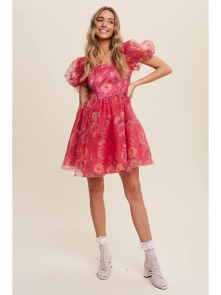 Listicle - Wholesale Dress - Women's - Floral Puff Sleeve Organza Mini Dress36