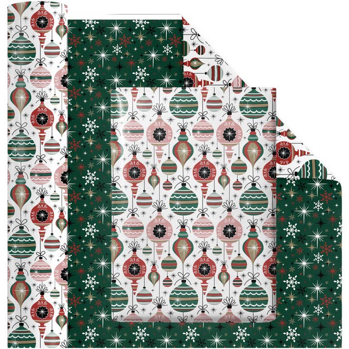 LA Ribbons Wholesale - Wholesale Wrapping Paper Roll - 24" x 417" Reversible Holiday Wrapping Paper | Retro Ornaments/Retro Snowflakes and Stars
3