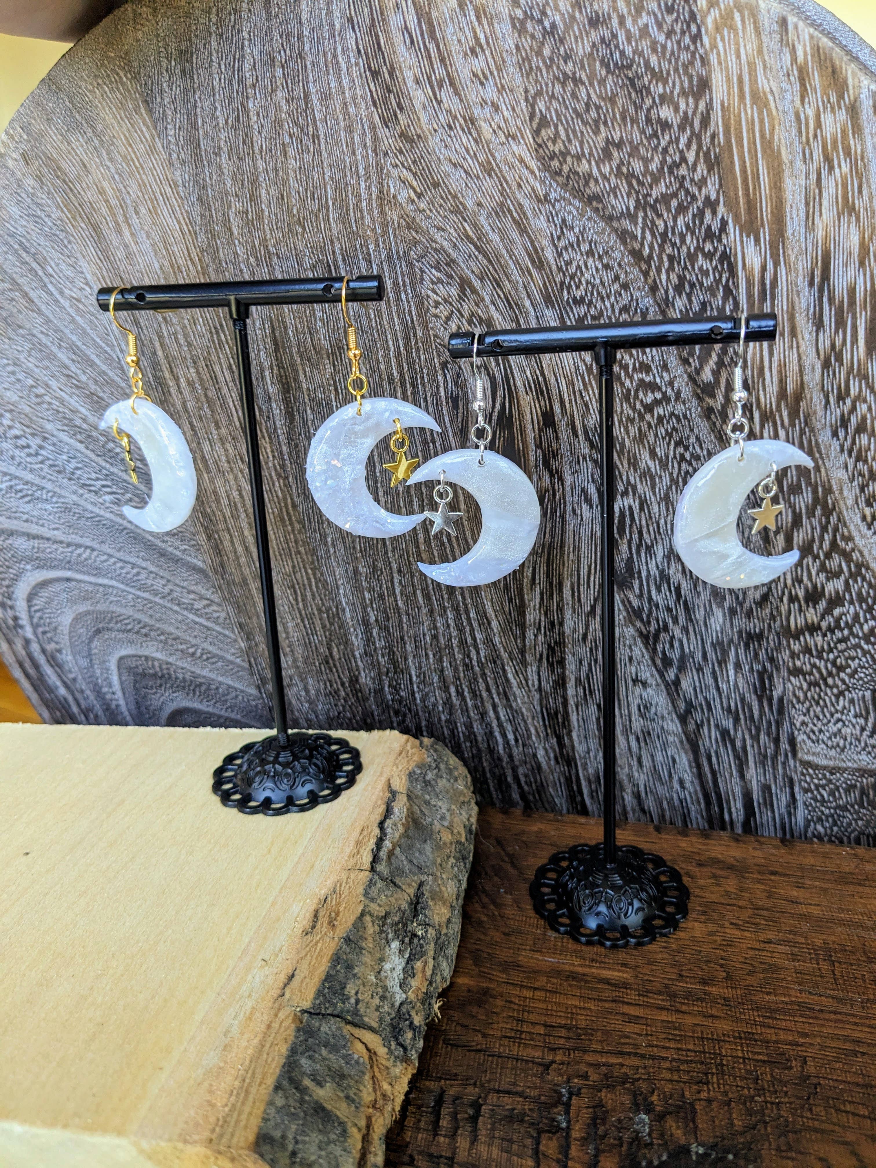 Stag and Branch - Wholesale Dangle Earrings - Pearlescent Cresent Moon and Star Polymer Clay Earrings2