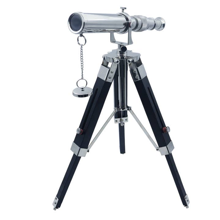 Personalised Chrome Telescope with Black Wooden Tripod for wholesale by Dollond & Co.