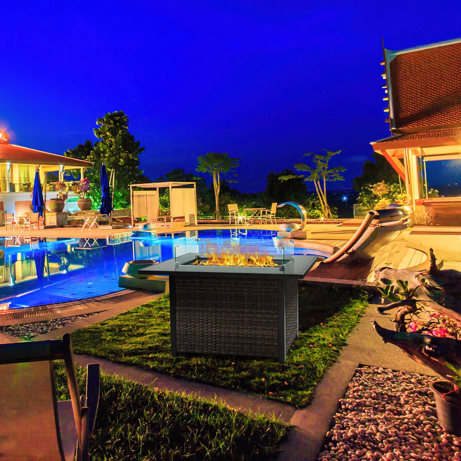 39F Inc. - Wholesale Fire Pit - 50,000 BTU Propane Gas Fire Pit Table, 44" with Lid & Glass 10