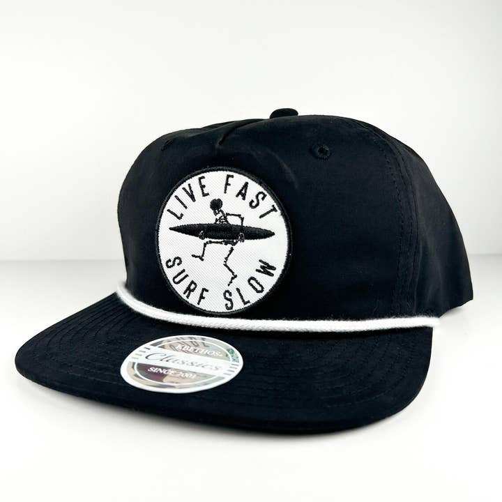 Field Trip Threads - Wholesale Flat Brim Cap - Men's - Live Fast Surf Slow Embroidered Patch Black Rope Hat Surfing