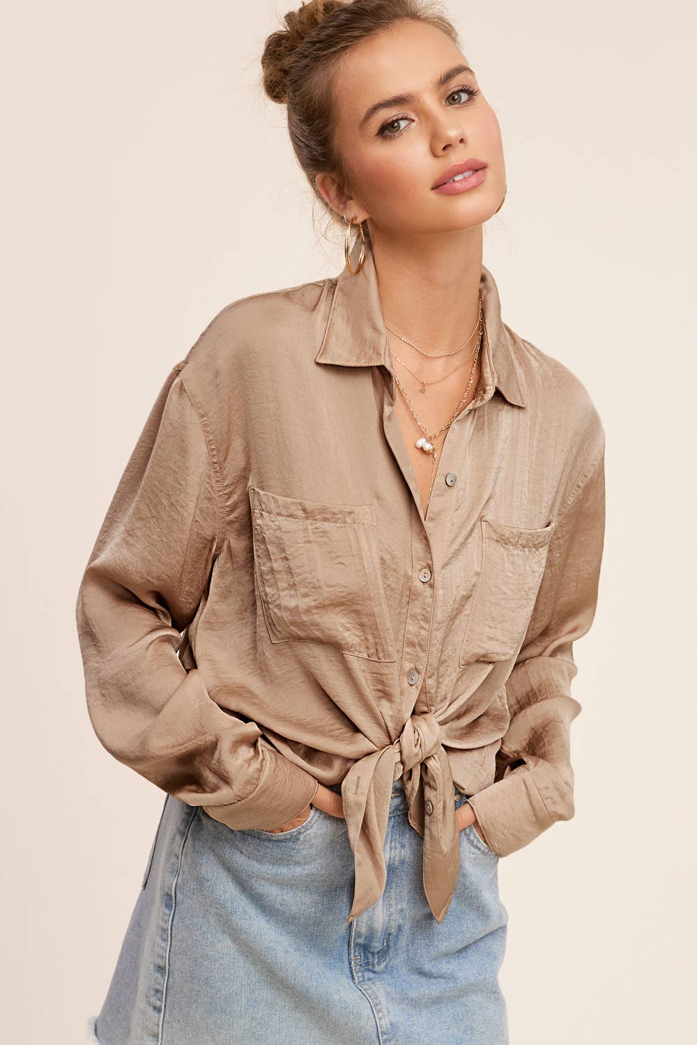 La Miel - Wholesale Button Down Shirt - Women's - SRT7452-Silky and Flowy Button Down Long Sleeve Shirts36