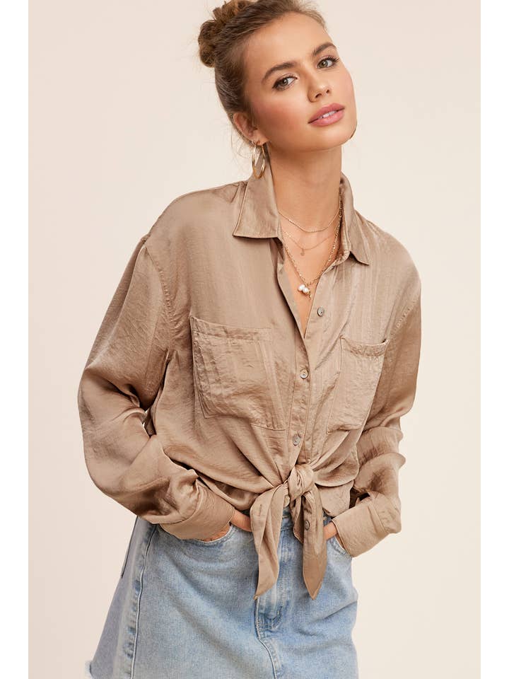 La Miel - Wholesale Button Down Shirt - Women's - SRT7452-Silky and Flowy Button Down Long Sleeve Shirts36