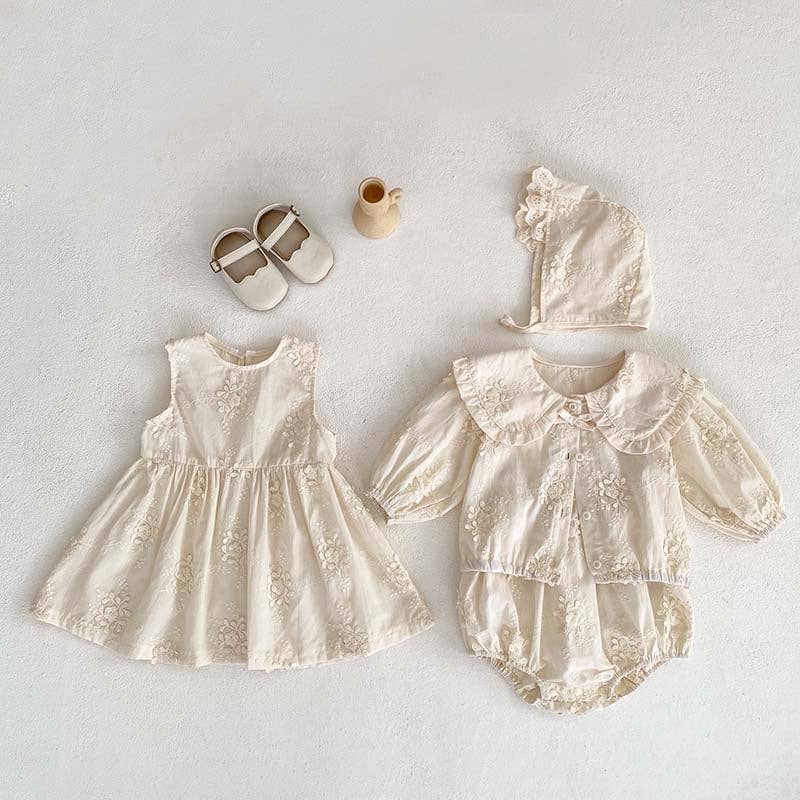 MyKids-USA® - Wholesale Clothing Set - Baby - Arrival Summer Baby Kids Girls Solid Color Floral Embroidery Dress, Shirt And Overalls bodysuit – Sister Matching Set4