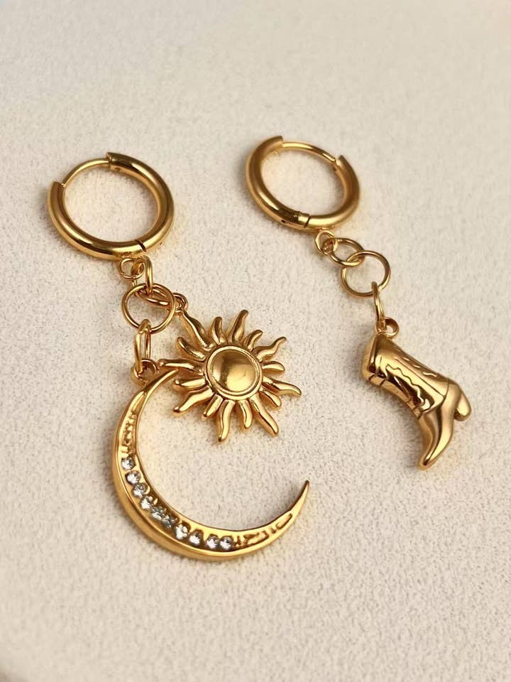 Asymmetrical Sun Moon Boot Steel Earrings for wholesale by COSMOS