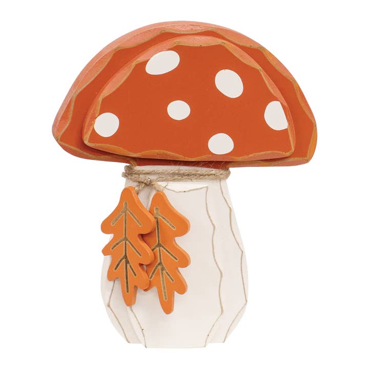 Distressed Chunky Wooden Mushroom w/Leaves Sitter for wholesale by Col House Designs
