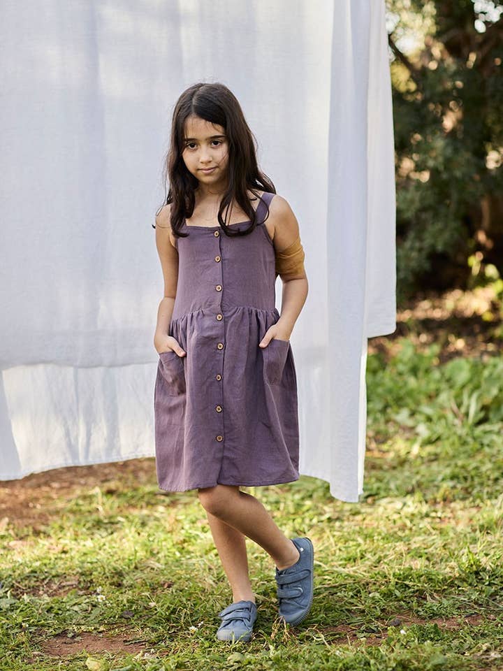 Cross Back Dress in purple made with linen and Organic Cotton para venta al por mayor de Tiralahilacha