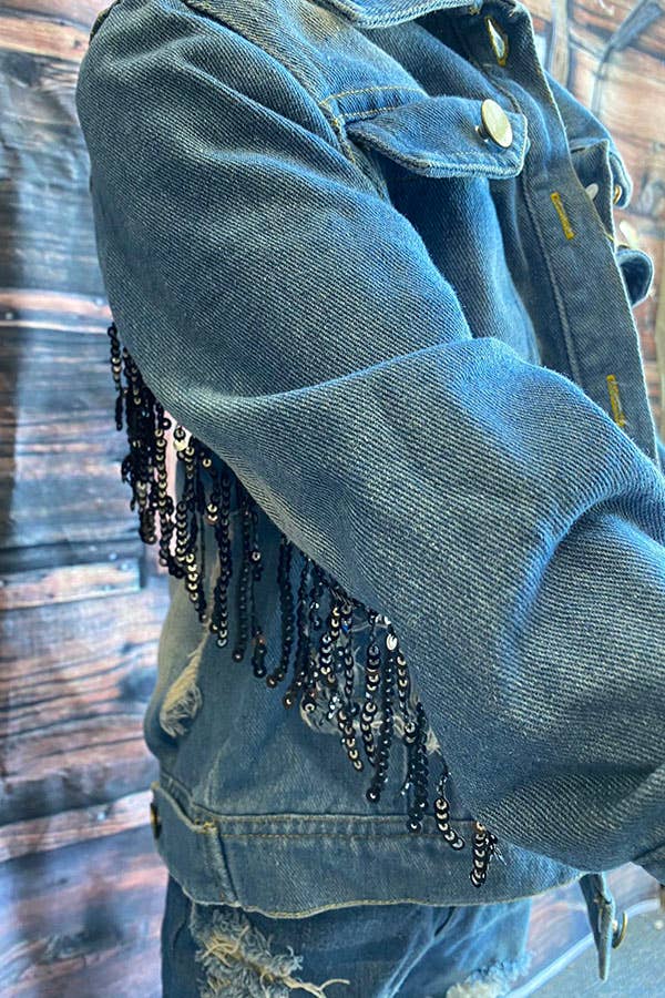 luluclothes - Wholesale Denim Jacket - Kids - DLH2551 Wash denim blue w/fringe & pocket girls denim jacket6