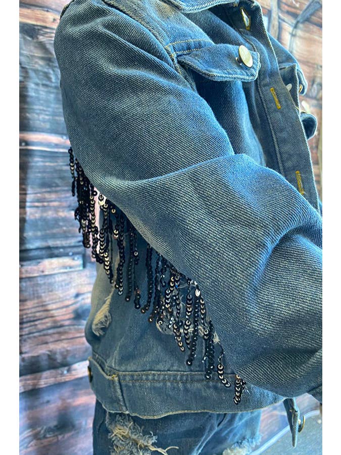 luluclothes - Wholesale Denim Jacket - Kids - DLH2551 Wash denim blue w/fringe & pocket girls denim jacket6