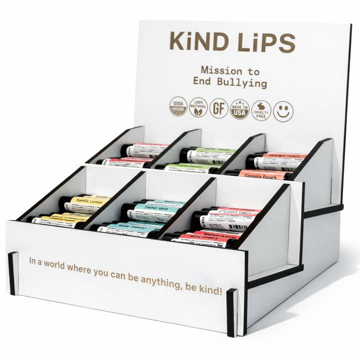 Organic Lip Balm, 90 Ct Wood Display, Best Sellers Variety for wholesale by Kind Lips