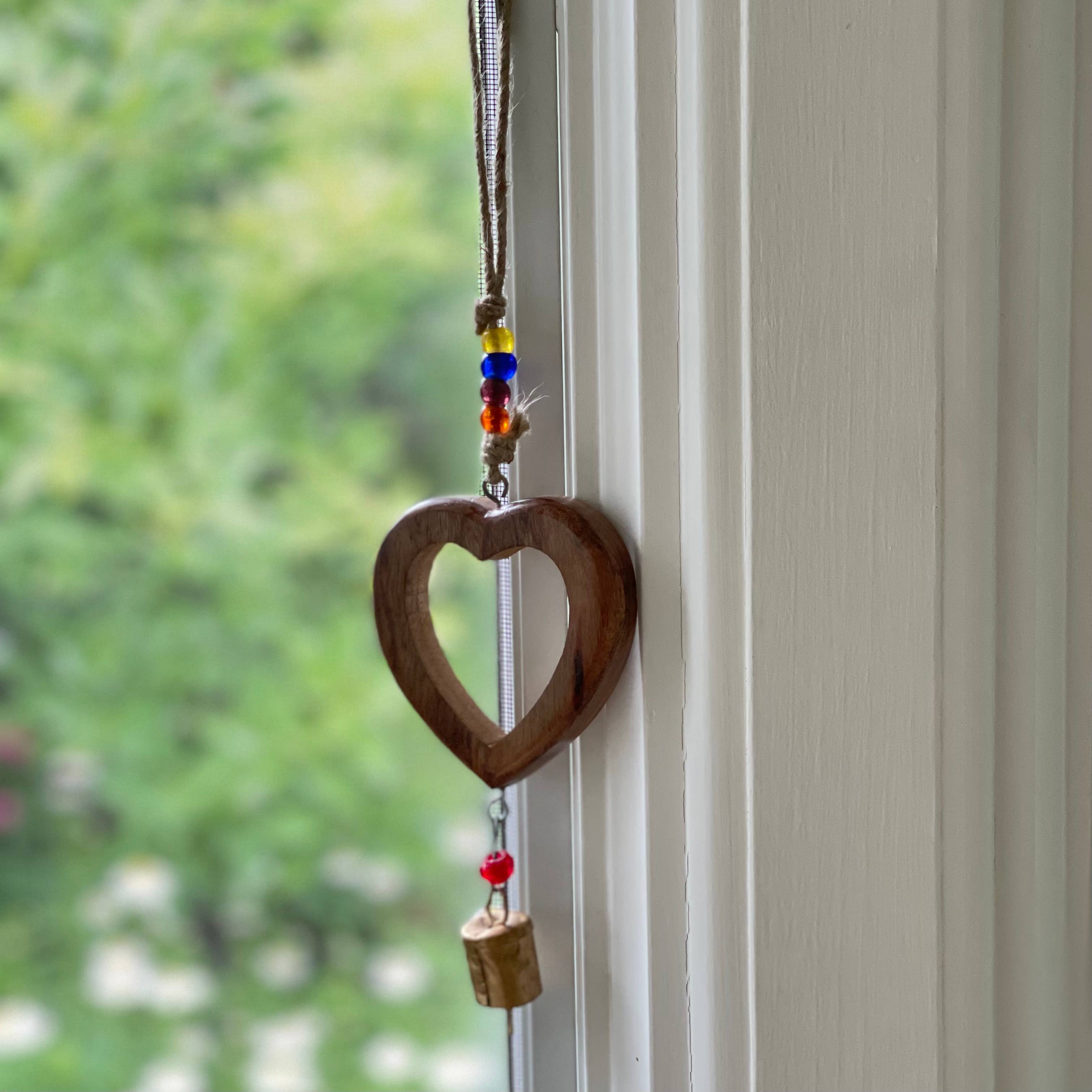 Global Crafts - Wholesale Wind Chime - Handcrafted Wood Heart Chime with Recycled Iron Bell2