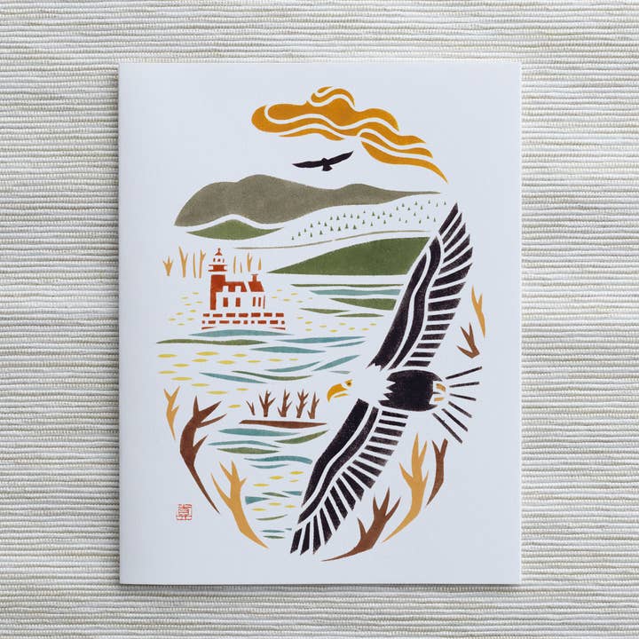Mayuko Fujino Bird & Nature Art - Wholesale Everyday Greeting Card - A2 Card: Bald Eagle over Hudson Athens Lighthouse