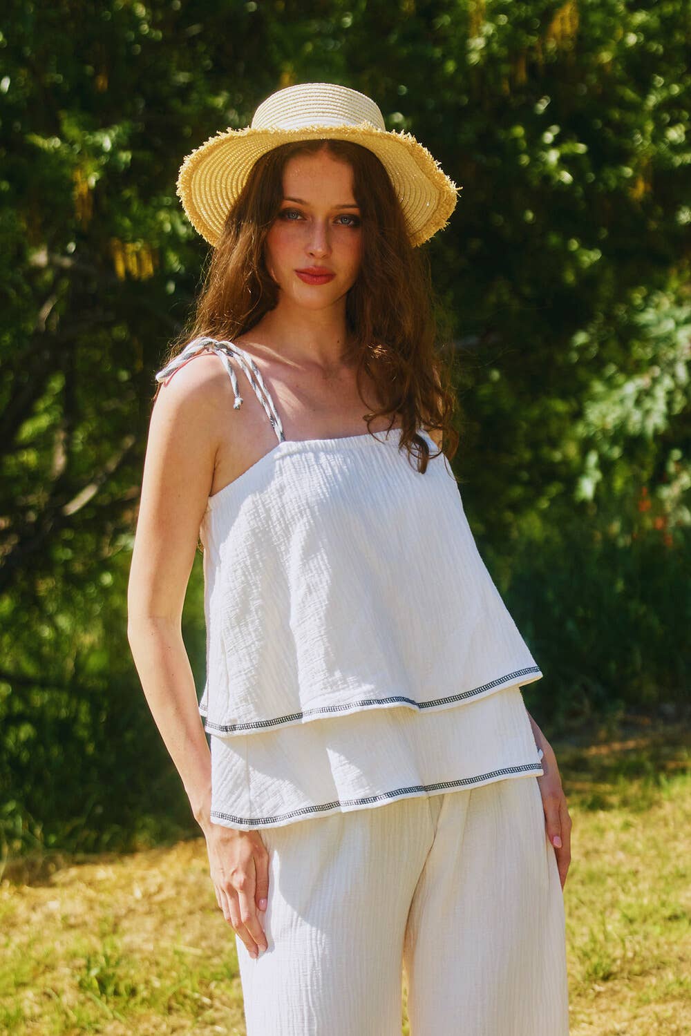 IVORY BLACK T2665  Shoulder Tie Cotton Gauze Tiered Top for wholesale on Faire3