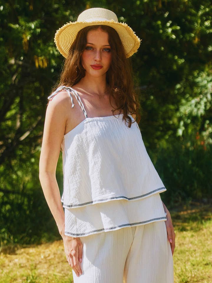 IVORY BLACK T2665 Shoulder Tie Cotton Gauze Tiered Top for wholesale on Faire3