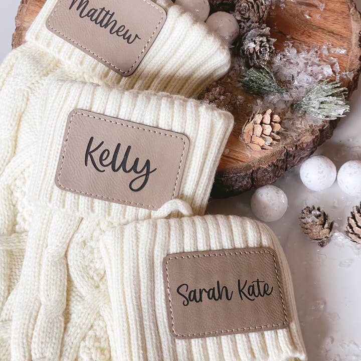 Woobie Beans Jewelry, Gifts & Apparel - Wholesale Holiday Stocking - Personalized Knit Christmas Stockings with Leather Patch