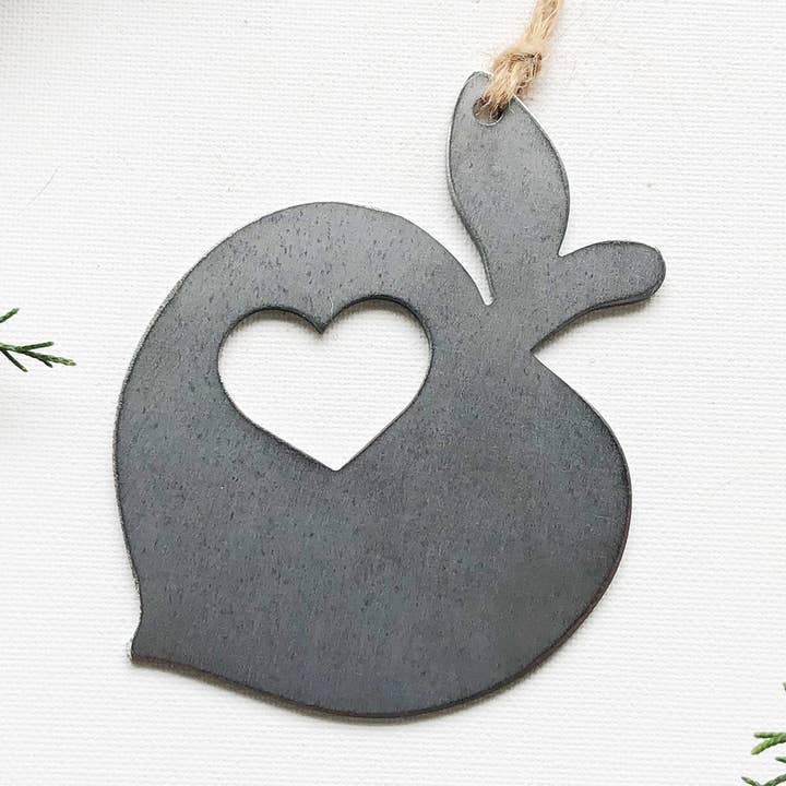 Peach Farmhouse Ornament with heart made from Recycled Steel for wholesale by BE Creations & Designs, Inc.