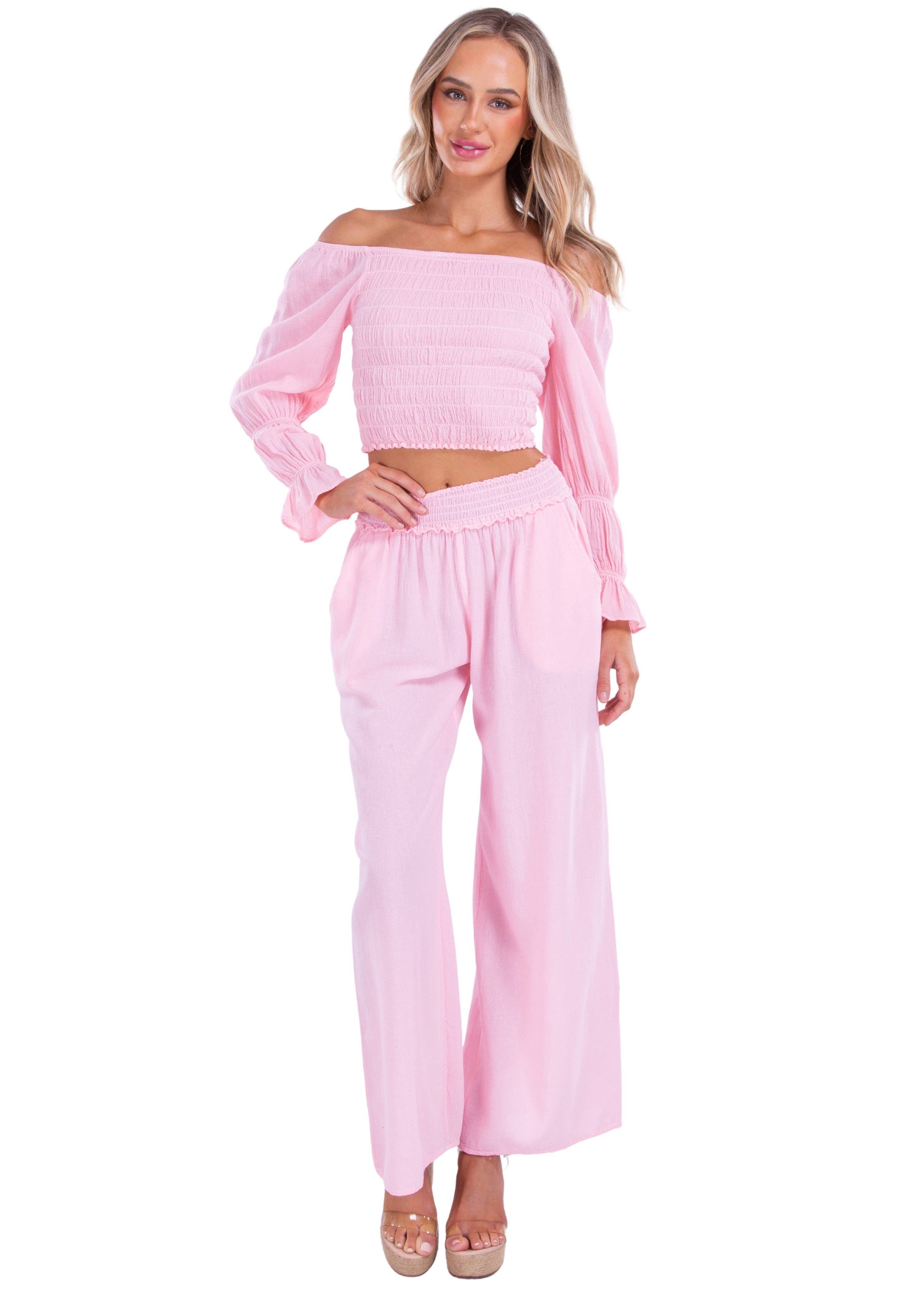 Smocked Waist Cotton Wide Leg Pants - Baby Pink for wholesale on Faire1