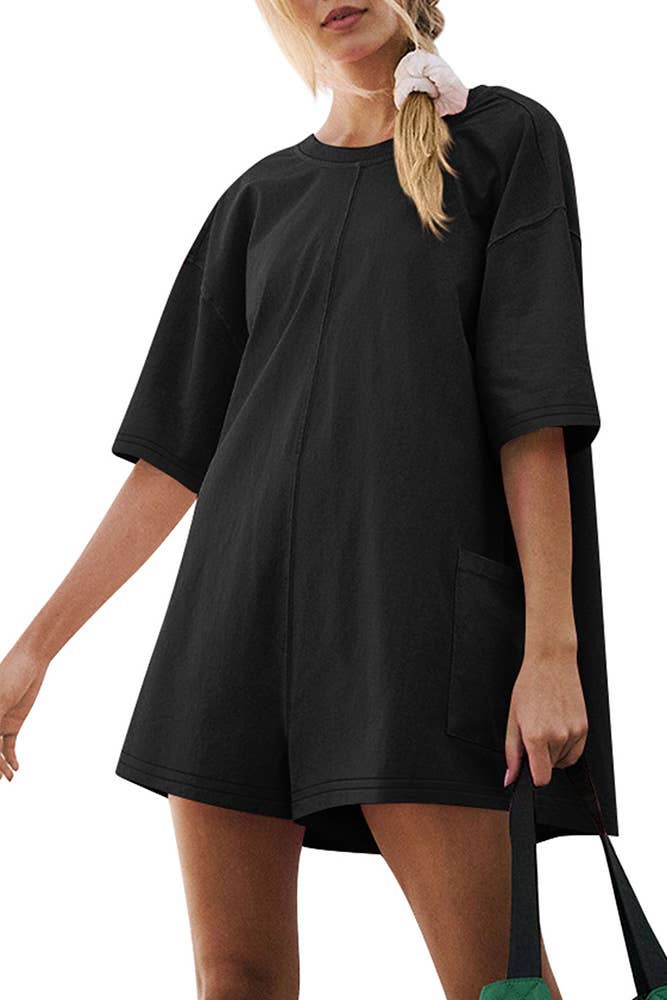 UNISHE - Wholesale Romper - Women's - Backless V Neck Short Sleeves Loose Pockets Romper ASJP07917