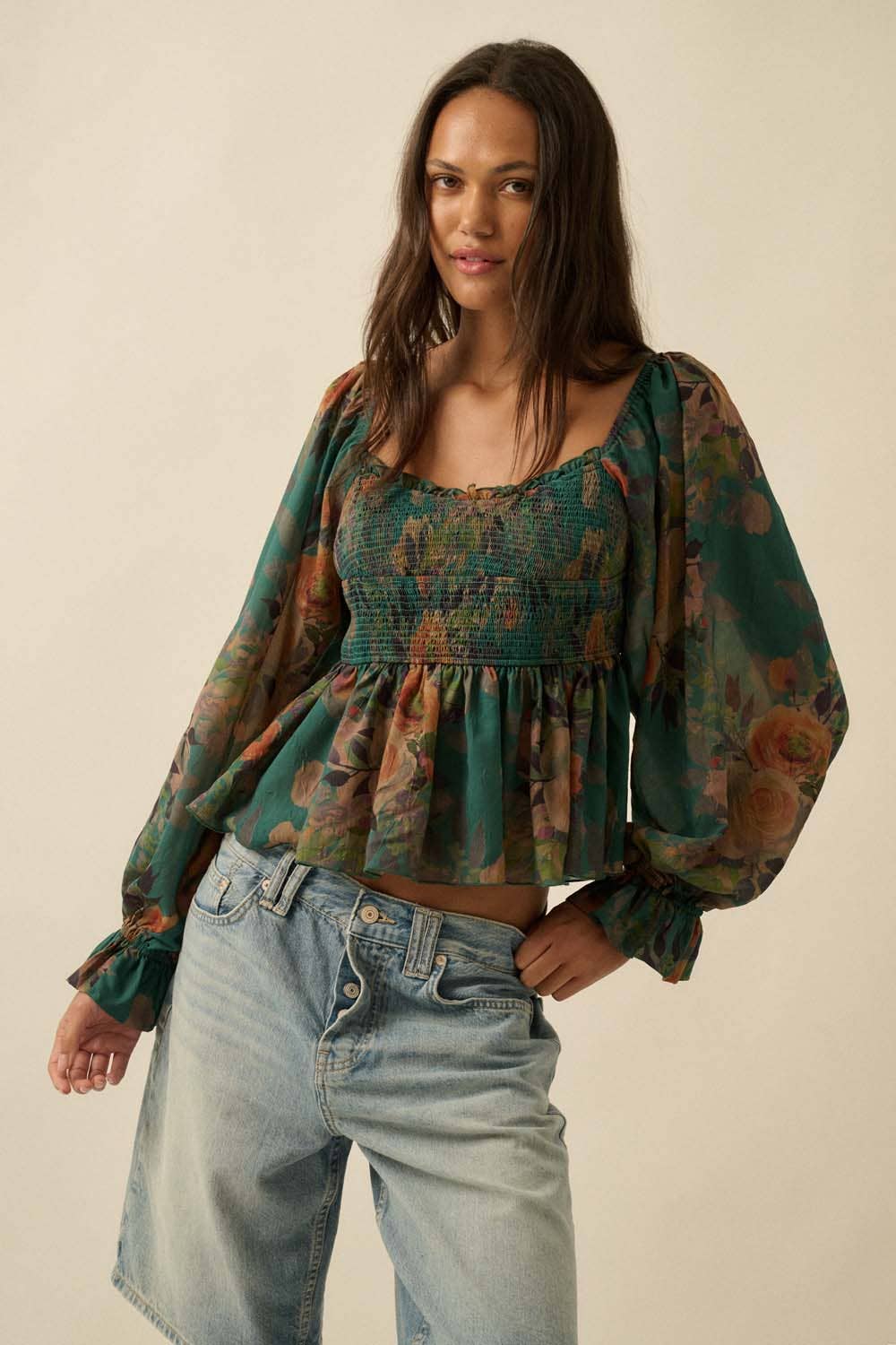 Promesa USA - Wholesale Blouse - Women's - Floral-Print Smocked Sweetheart Peplum Peasant Top6